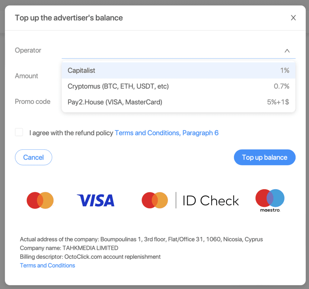 topping up advertiser's balance