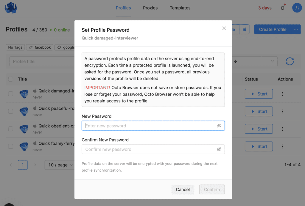 setting profiles passwords in octo browser