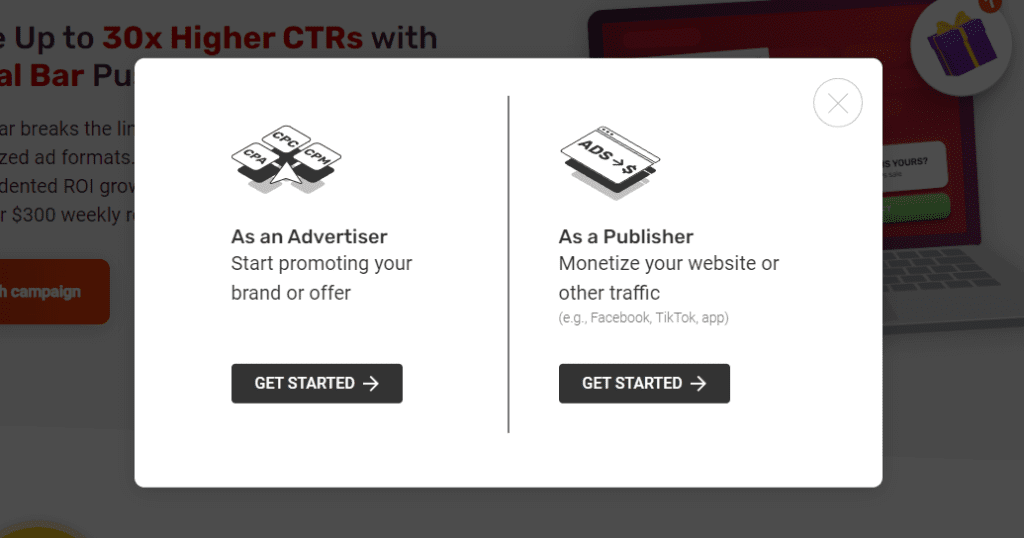 a window where you can choose whether you're an advertiser of a publisher