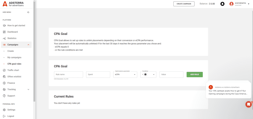 cpa goals settings page