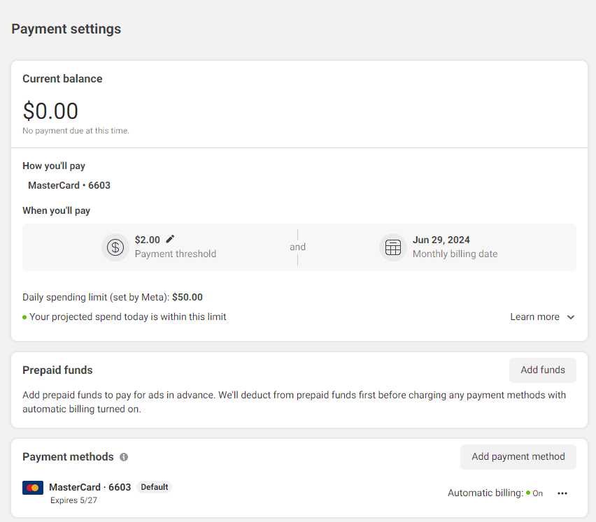 payment settings for your virtual card