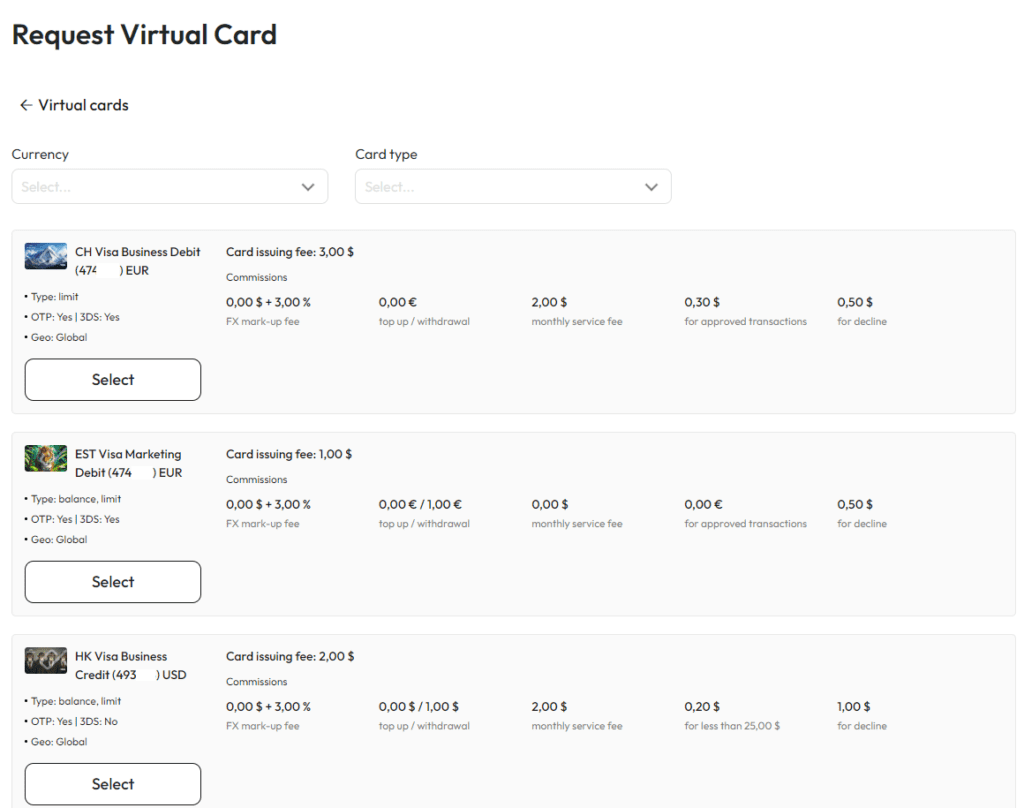 a section where you can request a virtual card