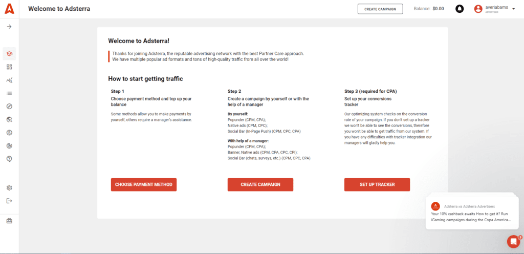 welcome page in personal account of adsterra