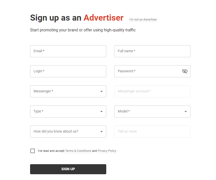 sign-up page for advertisers