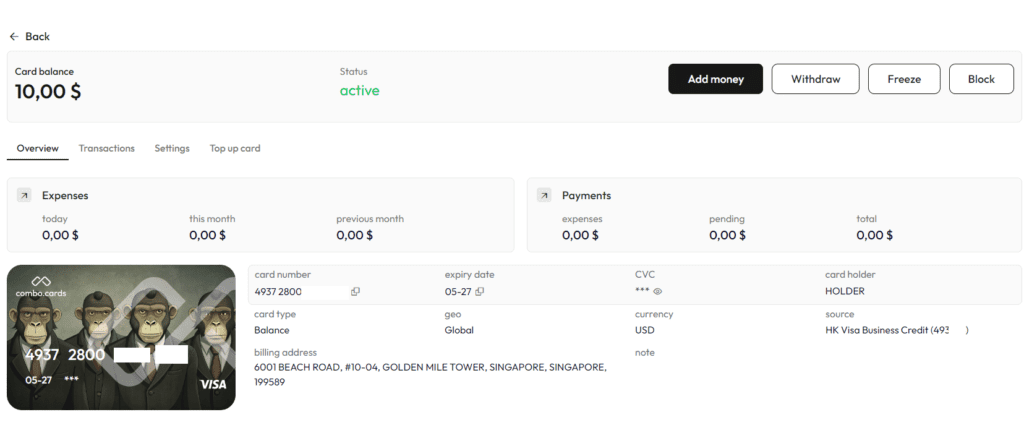 overview of an issued card where you can see if it's active, how much money was spent, etc