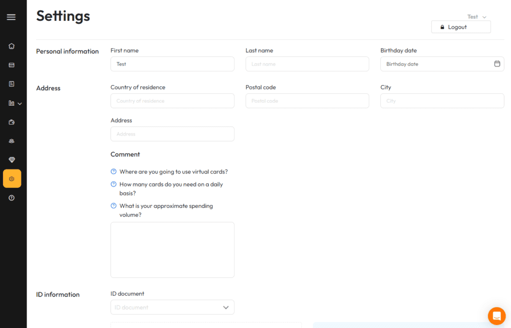 settings section in the personal account of combo cards
