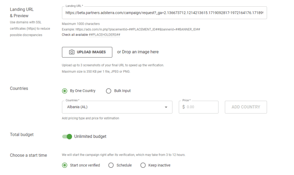 ad campaign settings page