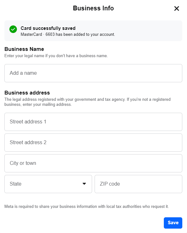 filling in business info of a virtual card