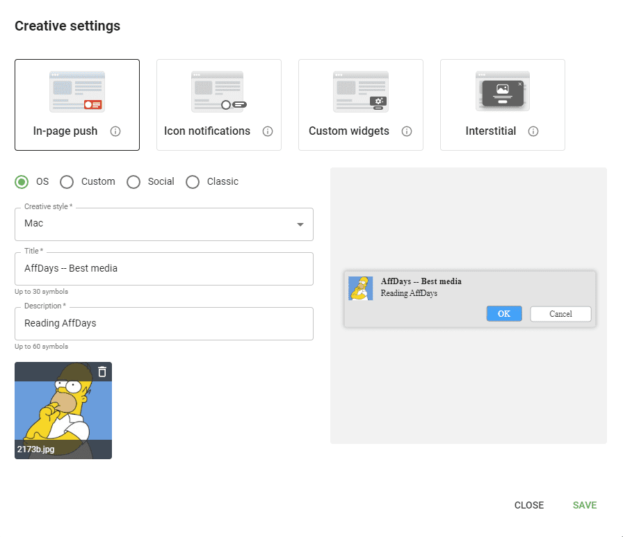 creative settings window