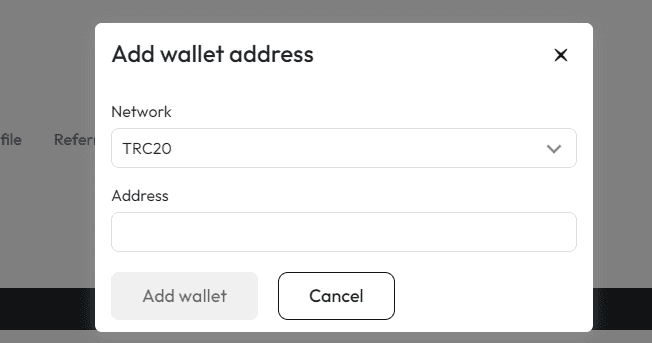 a window where you can add your crypto wallet address