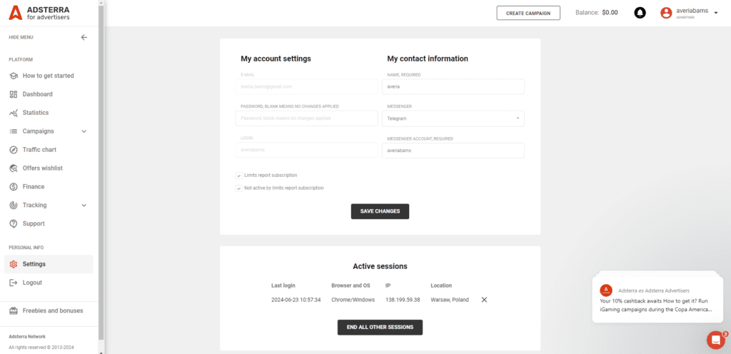 account settings page
