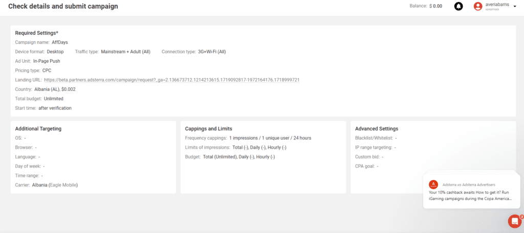 check details and submit campaign page