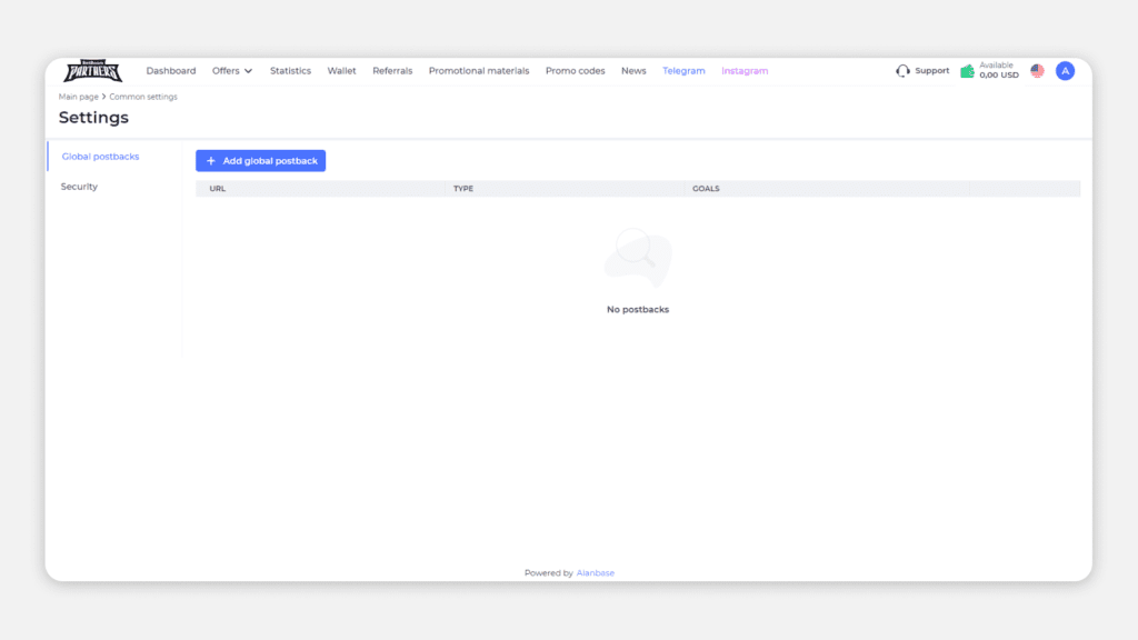 settings section on the postback page