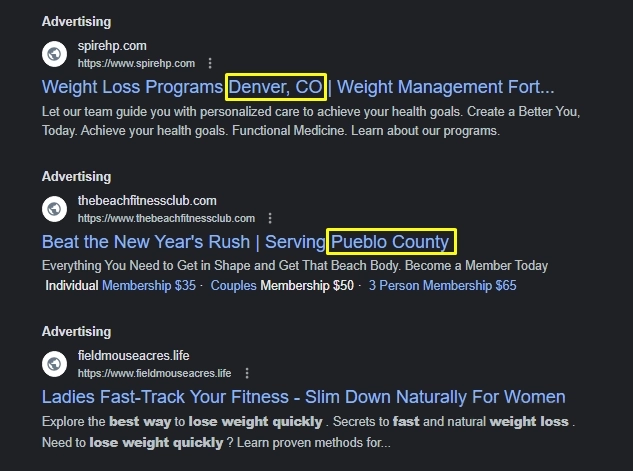 Regional variants of Ads in Google search results