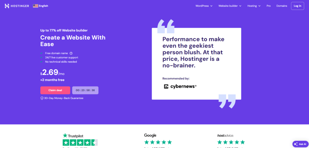 The home page of Hostinger
