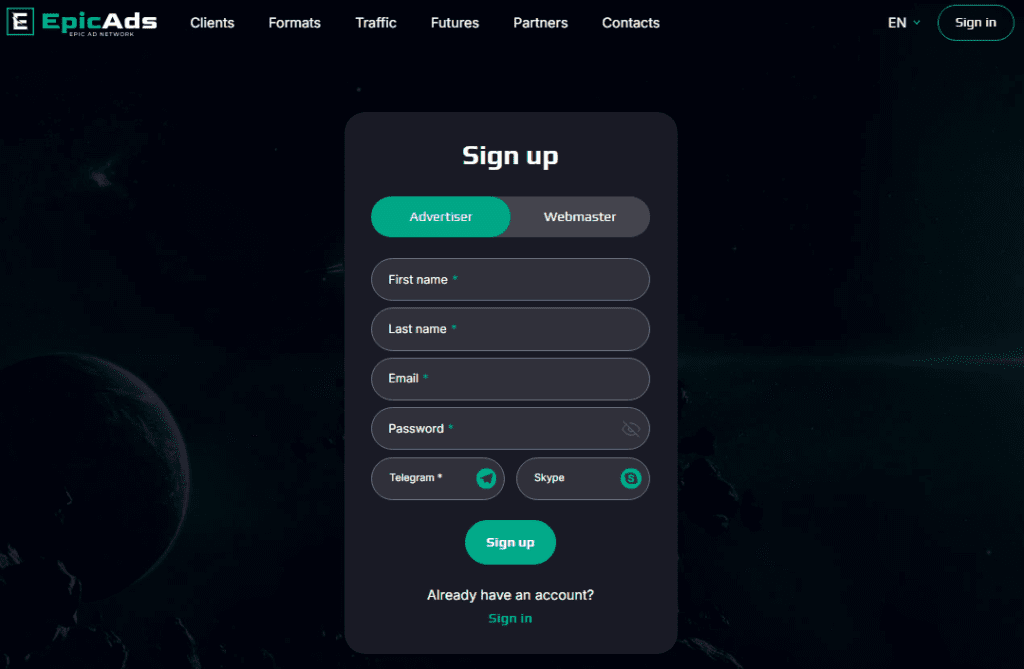 The registration form of EpicAds.Net