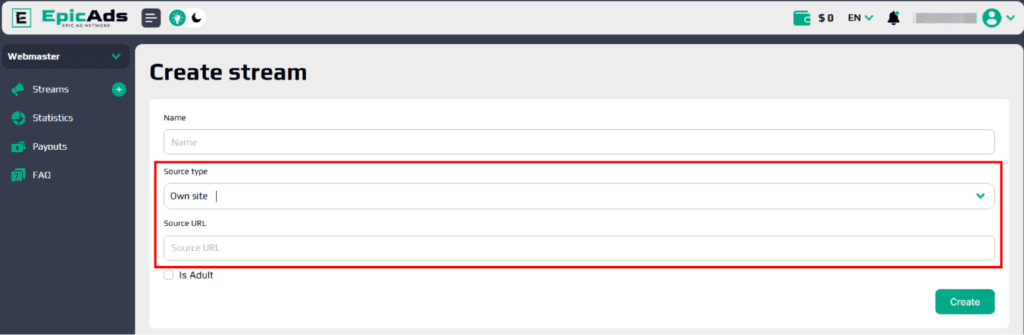 Entering the data of your personal website. 