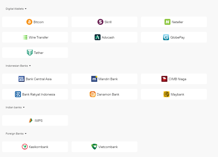 The available list of payment systems