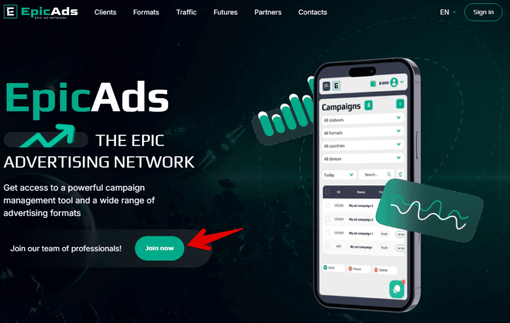 The homepage of EpicAds.Net