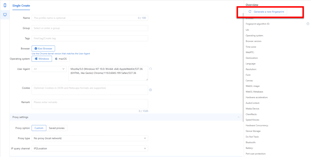 Single creation of a mobile profile