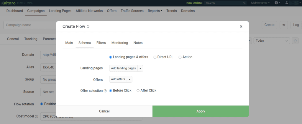 creating flow in keitaro for the batery partners affiliate program