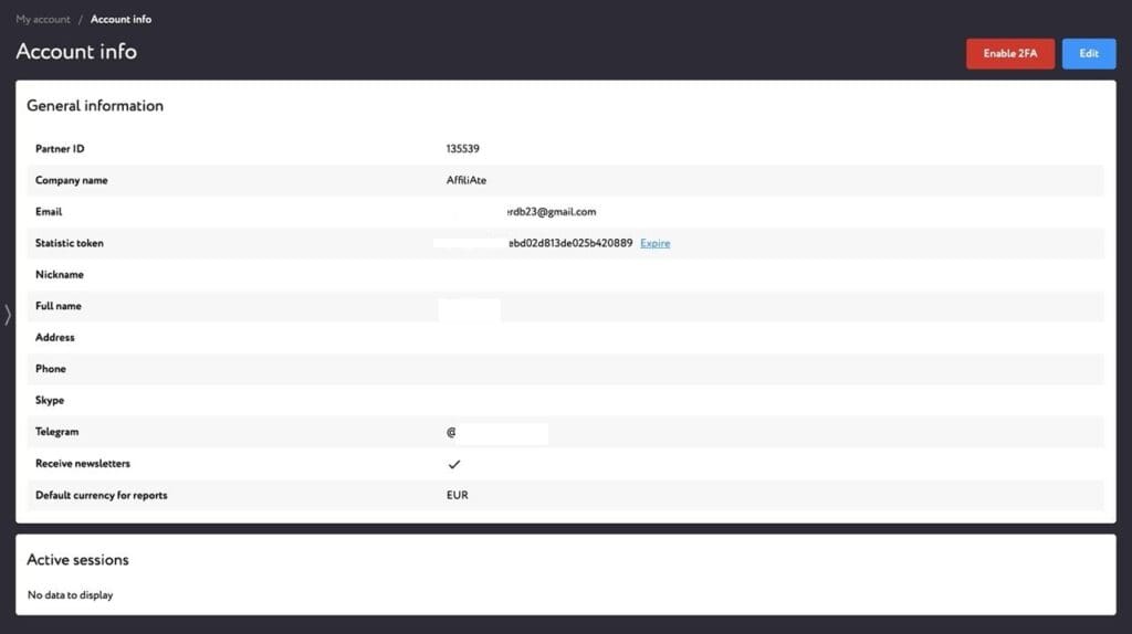 account info in the revsharks affiliate program's personal dashboard