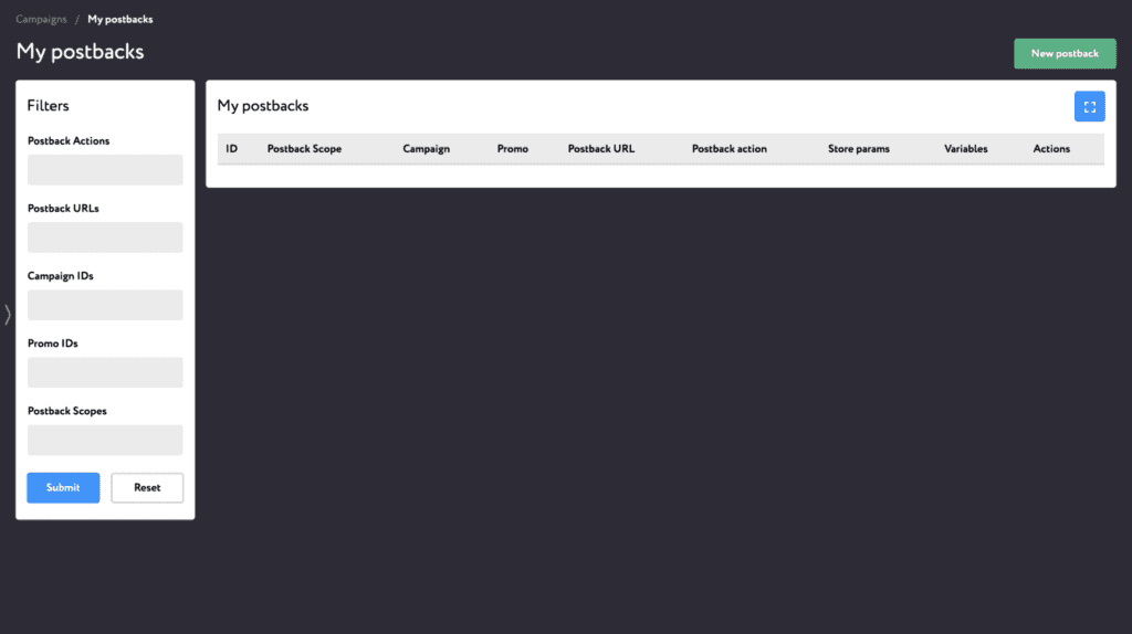 my postbacks window in the revsharks personal dashboard