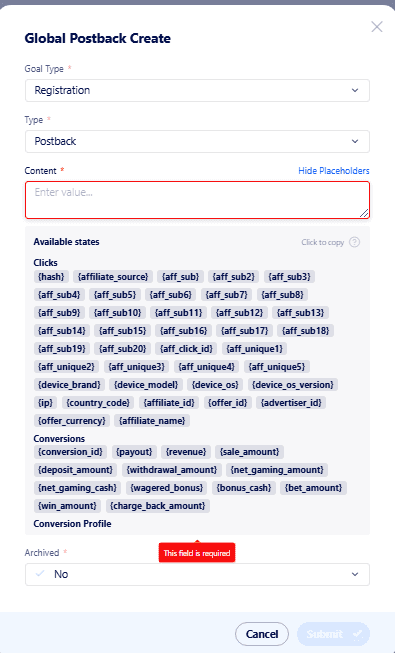 AffDays global postback setup process