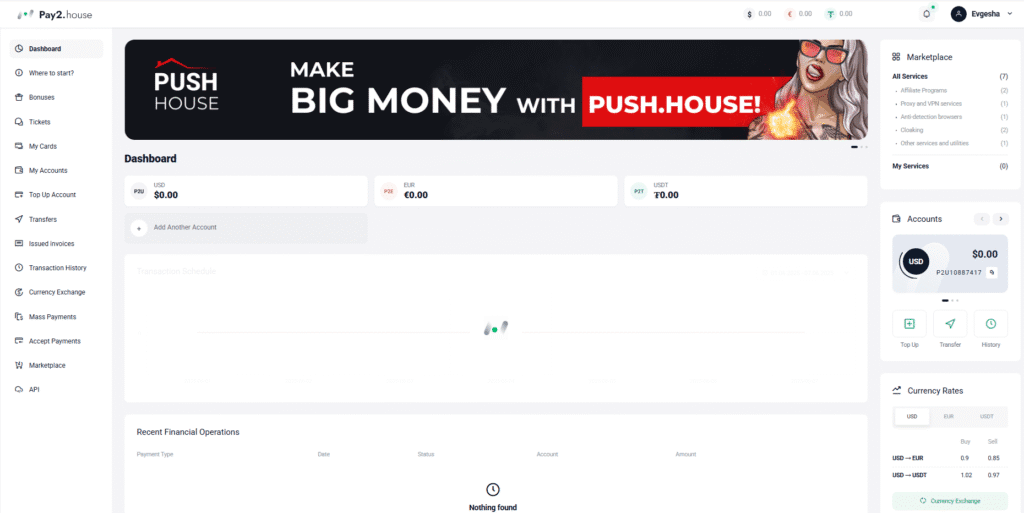 AffDays the dashboard of pay2.house's personal account