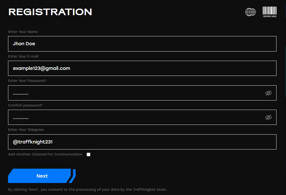 AffDays the registration form of the traffknights affiliate network