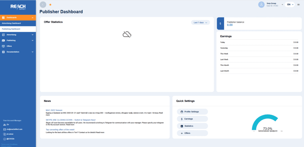 publisher dashboard in the reacheffect ad network