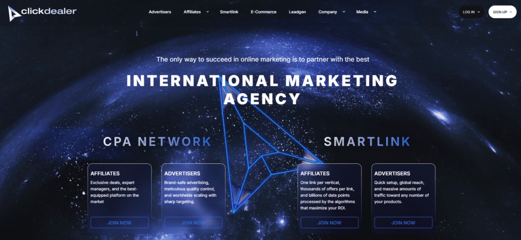 homepage of the ClickDealer affiliate network