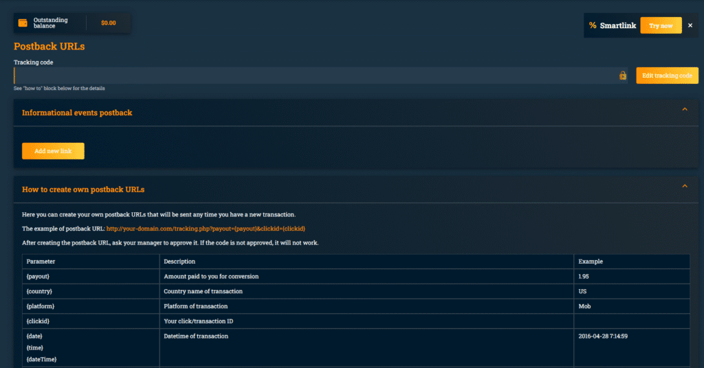 postback urls page