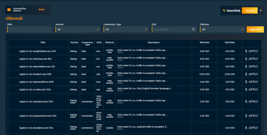offerwall of the dashboard