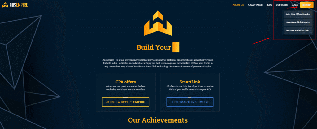 homepage - and the section for sign op / sign in