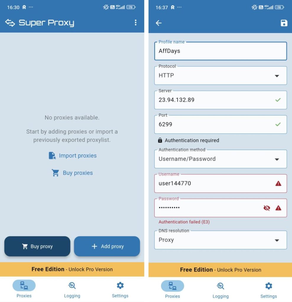 AffDays setting up proxy servers on android