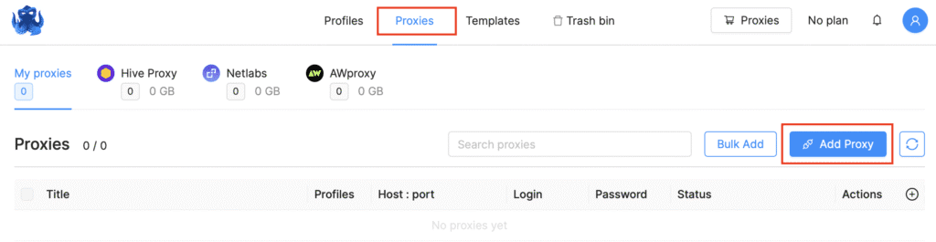 AffDays the proxies button in the octobrowser