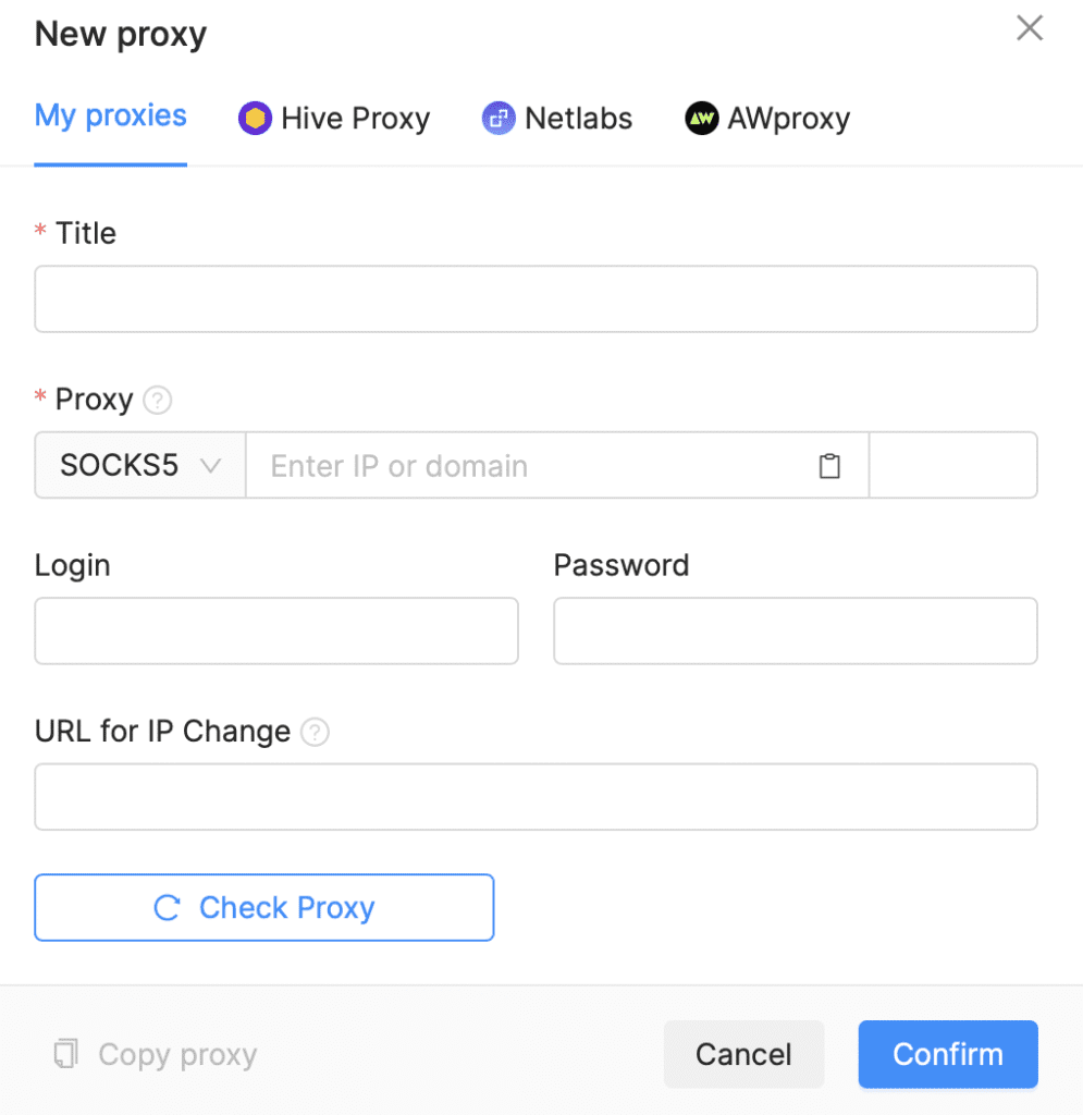 AffDays adding a new proxy in the anti-detect interface