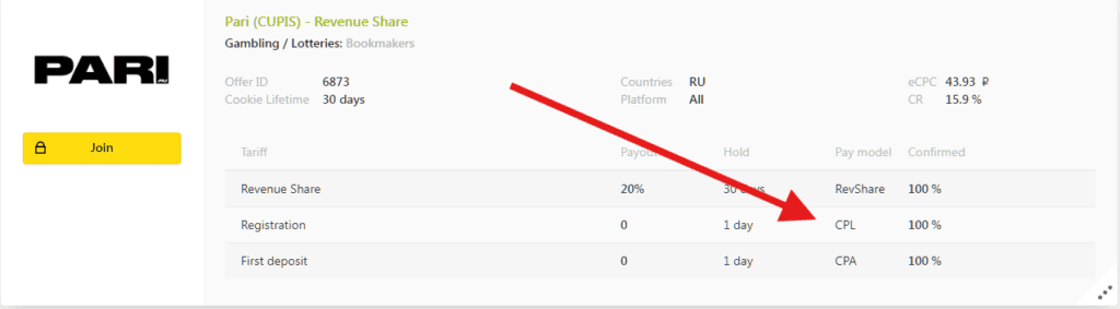 An offer tab in an affiliate network where you can choose between three payment models