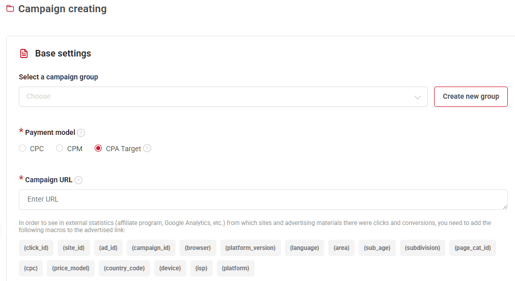 Available payment models when creating an ad campaign