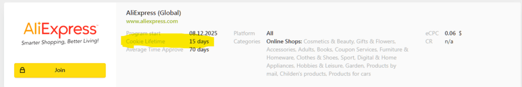 Example of an affiliate offer in a personal account page mentioning cookie lifetime.