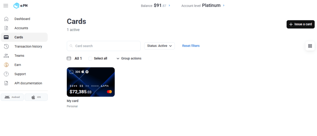 a section of the dashboard where you can issue a virtual card in e.pn 