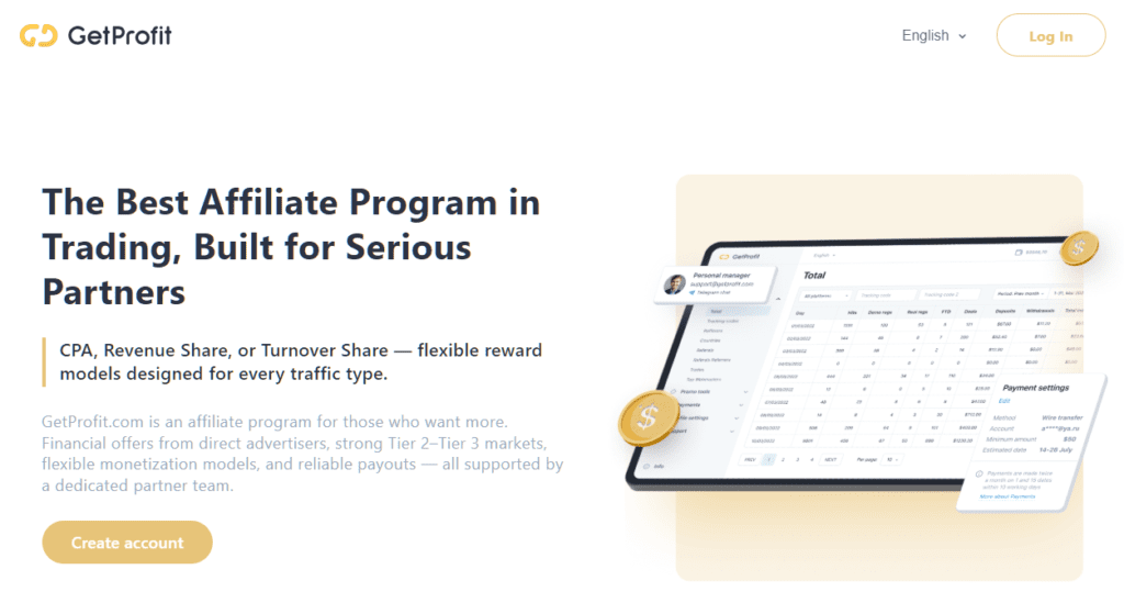 the getprofit affiliate program homepage screenshot