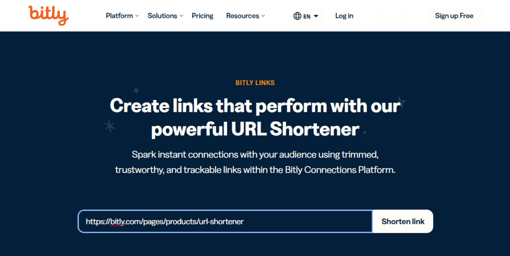 bitly homepage with the link shortener