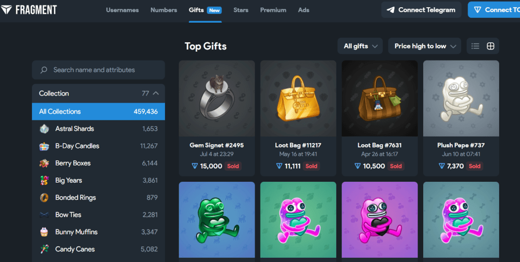 the Fragment platform to buy gifts from