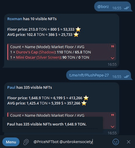 Telegram gift price tracker @PriceNFTbot